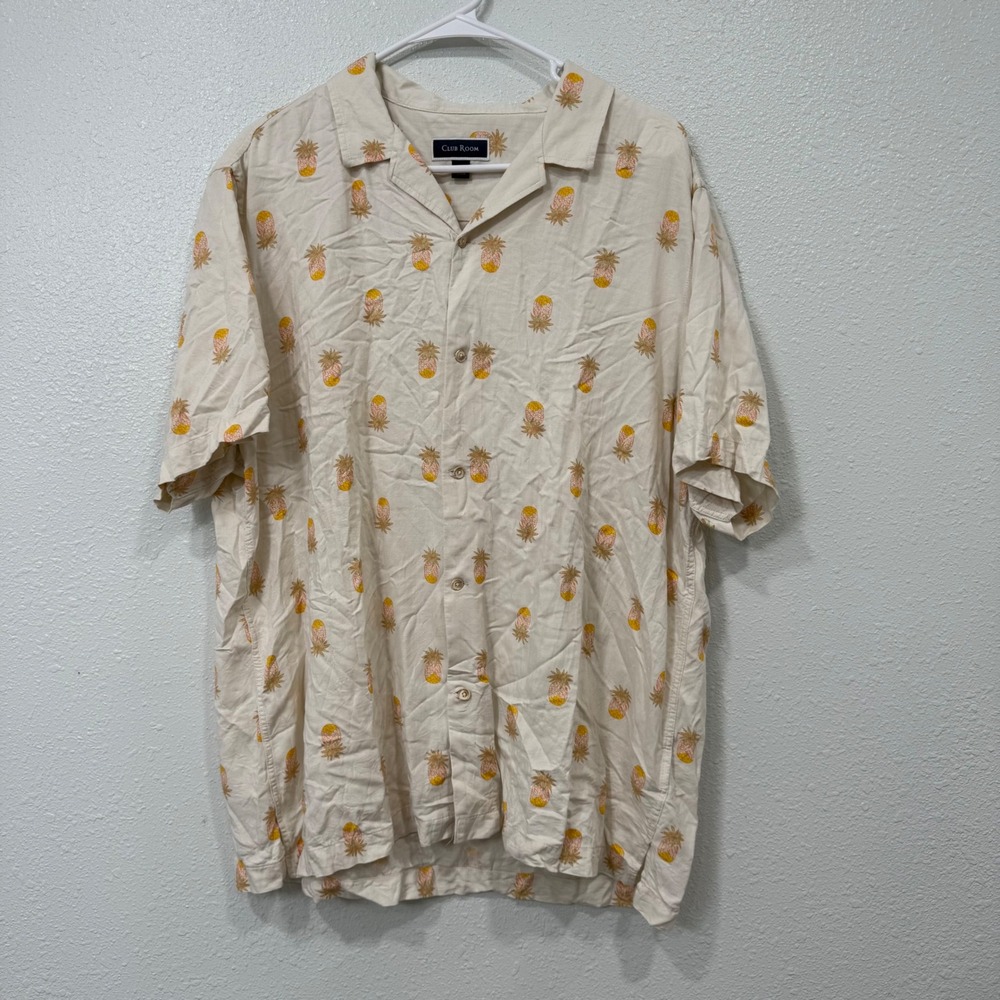 Club Room Mens XL Pineapple Print Silk Rayon Blend Short Sleeve Camp Shirt Cream
